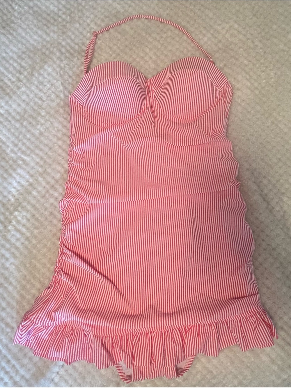 Jessica Simpson One Piece Swimsuit L Red White Stripe Ruffle Halter NWT